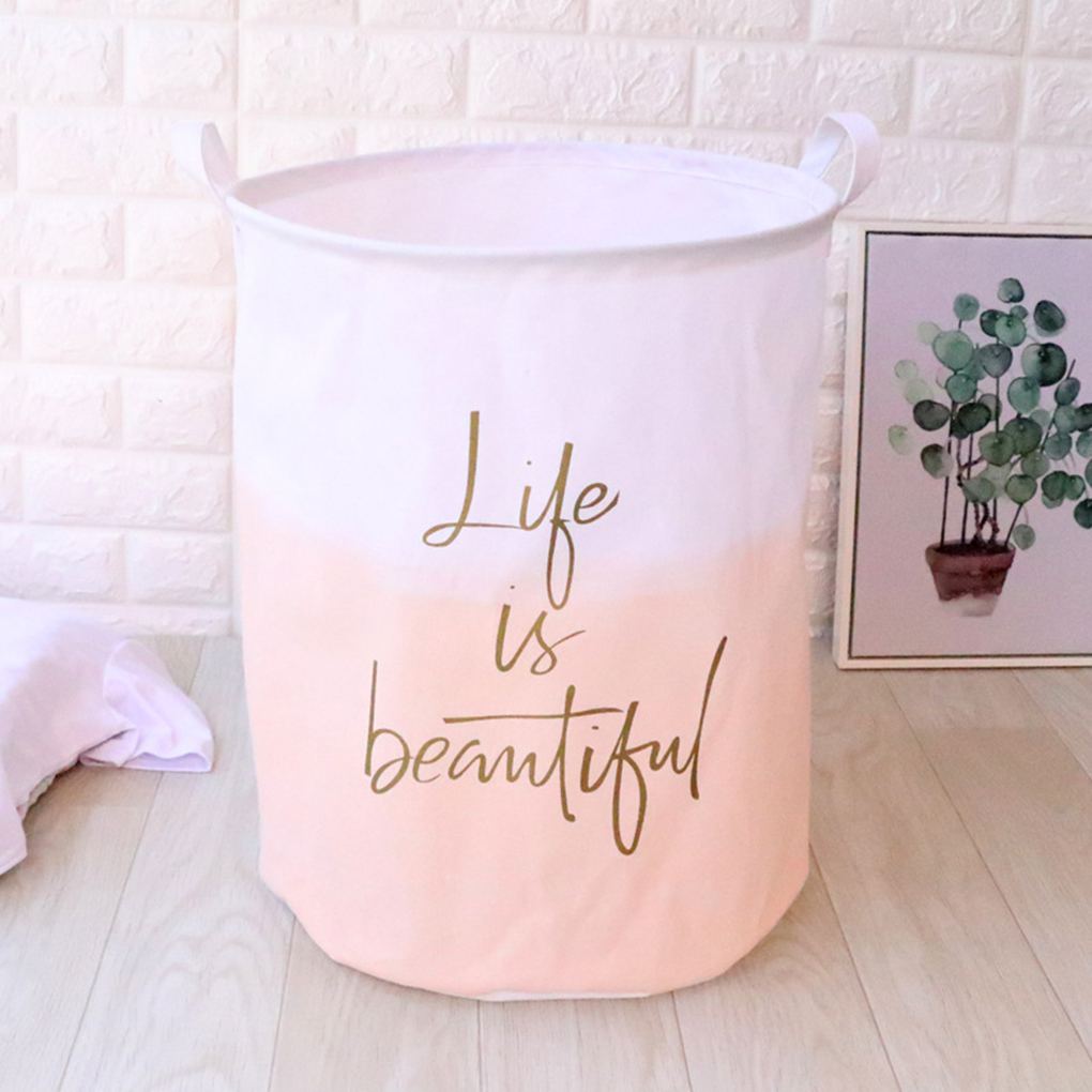 Laundry Basket Round Cotton Linen Collapsible Storage Basket Dirty Clothes Toy Organizer - Pink