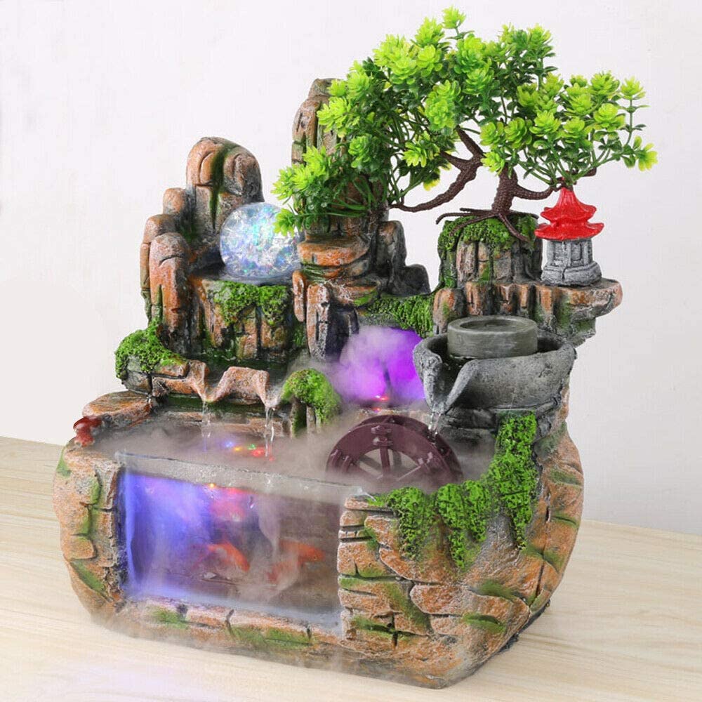 ANQIDI Rockery Water Fountain Indoor Atomizing Rockery Waterfall Desktop Decoration w/LED Light (Style 1)