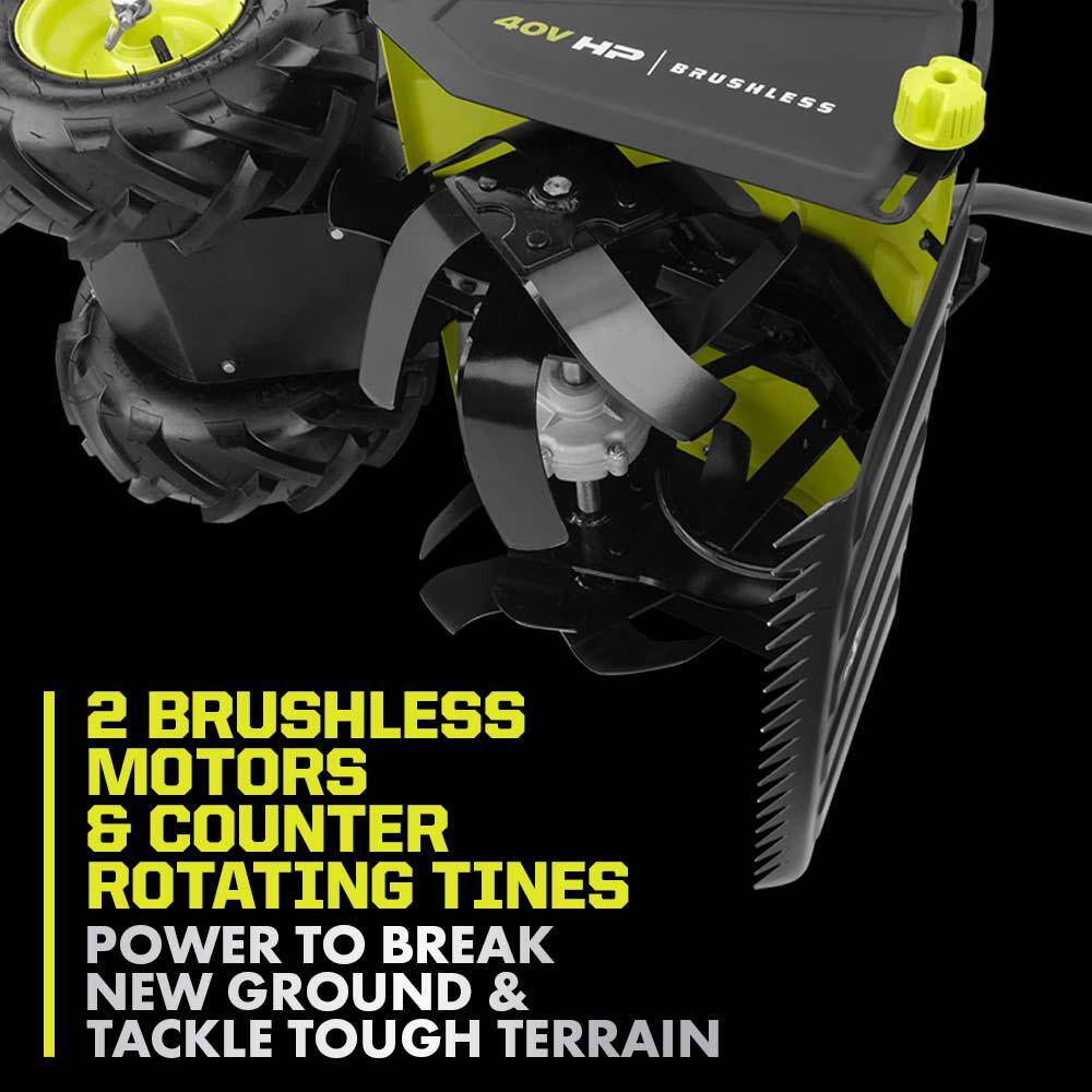 RYOBI 40V HP Brushless 18 in. Battery Powered Rear Tine Tiller with (4) 6.0 Ah Batteries and Charger RY40720