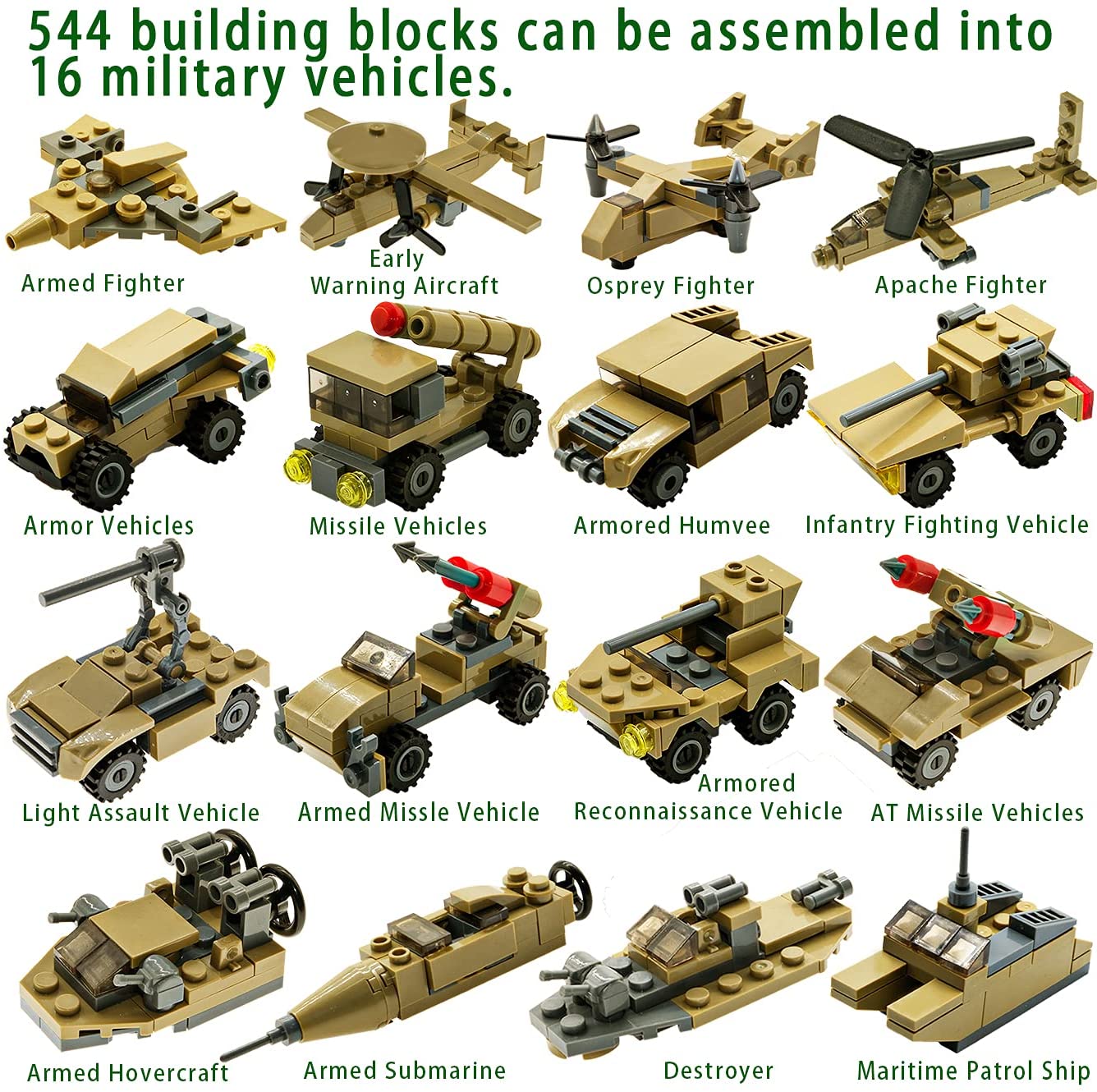 Lavinya STEM Building Toys Set， Creative Army Toys for 6 7 8 9 10 Year Old Boy Kids Gifts， with 544 PCS Military Vehicles Model Blocks Toy and 20 Little Toy Soldiers， 16 in 1 Building Bricks Army Tank