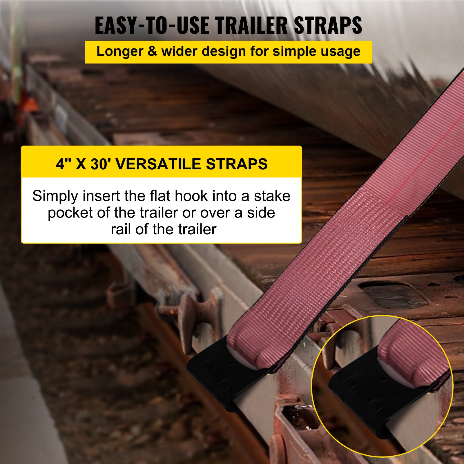 VEVOR Truck Straps 4" x30' Winch Straps with a Flat Hook Flatbed Tie Downs 15400lbs Load Capacity Flatbed Strap Cargo Control for Flatbeds, Trucks, Trailers, Farms, Rescues, Tree Saver, Red(4 Pack)