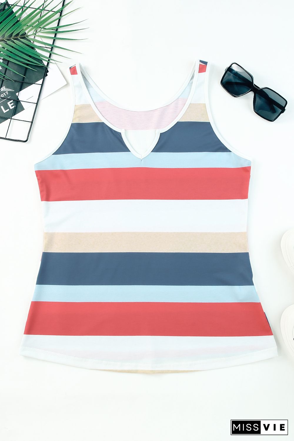 Multicolor Striped Color Block Notched Neck Tank Top