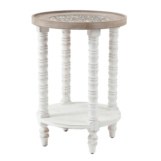 Luxenhome White And Natural Wood Round Accent Side Table With Storage