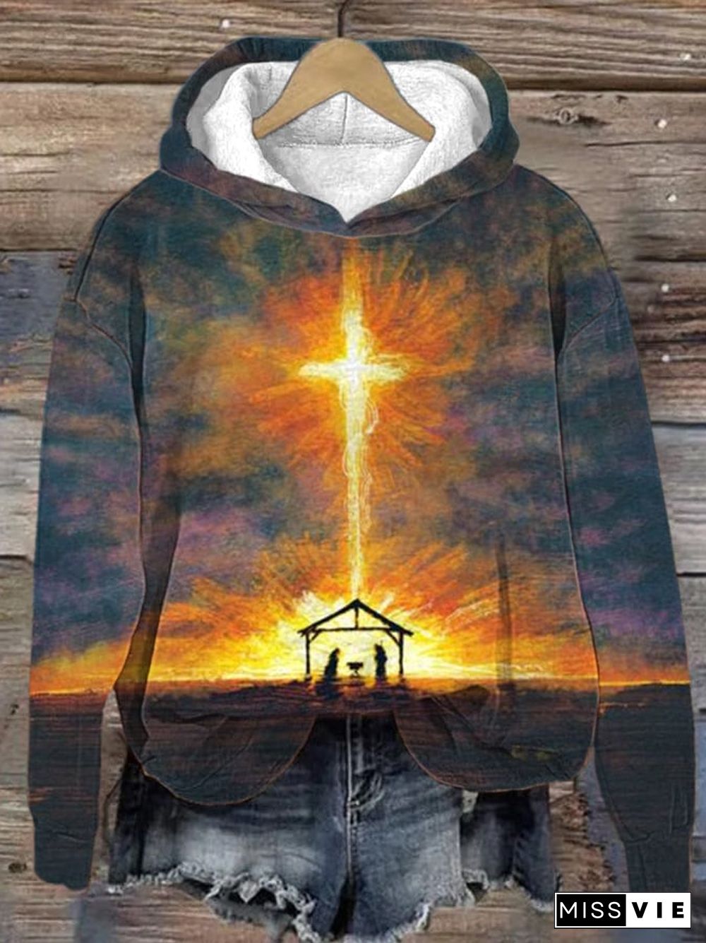 Women's Oil Painted Nativity Print Casual Hooded Sweatshirt