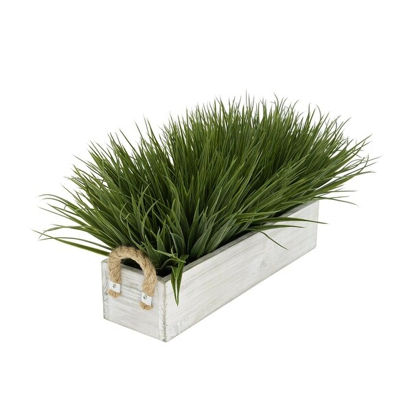 Faux Green Farm Grass in Large Washed Wood Trough with Rope Handles