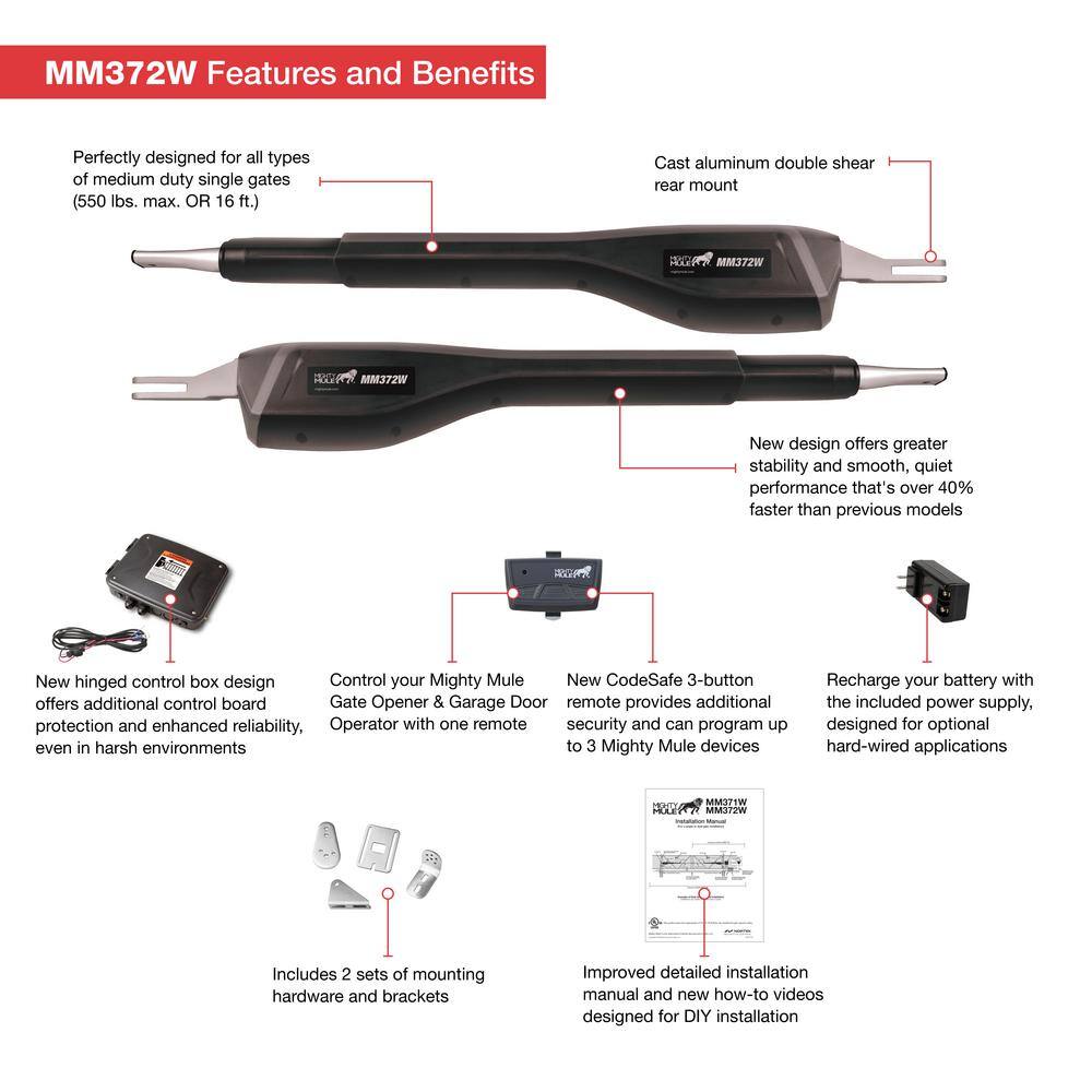 Mighty Mule Medium Duty Dual Swing Gate Opener Smart and Solar Capable MM372W