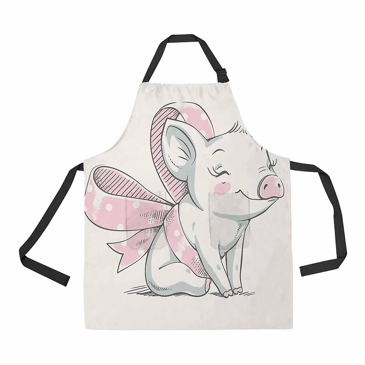 Cute Piggy With A Bow Cartoon Unisex Adjustable Bib Apron With Pockets For Commercial Restaurant And Home Kitchen Use