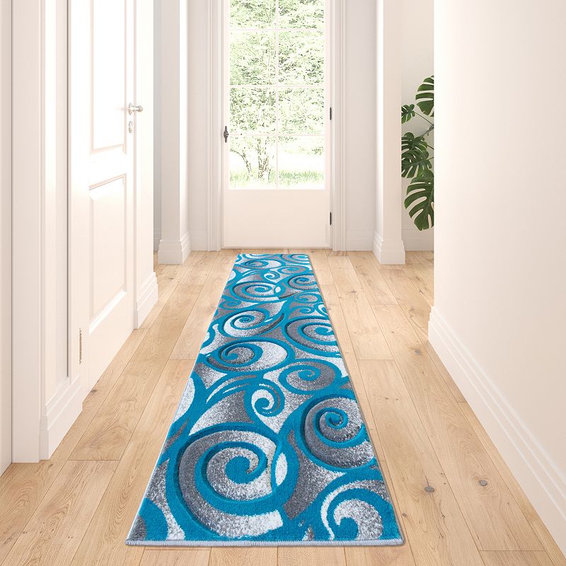 Masada Rugs Masada Rugs DaVincii Collection 2'x7' Turquoise， White and Gray Modern Woven Area Rug， Hand Carved Sculpting -Design D241