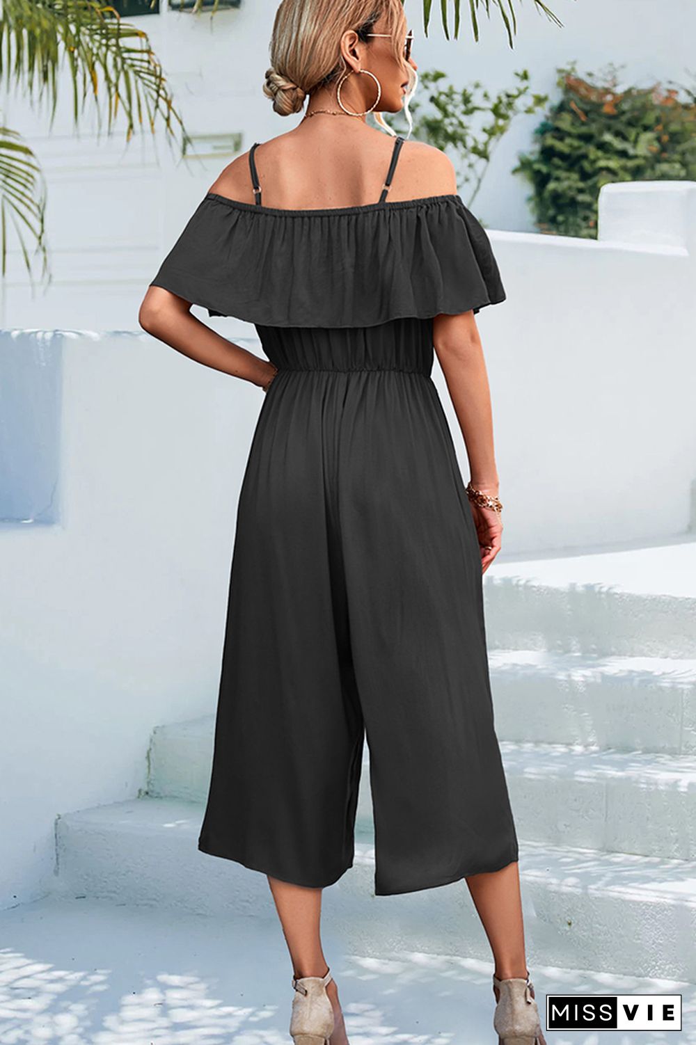 Plain Off Shoulder High Waist Wide Leg Jumpsuit