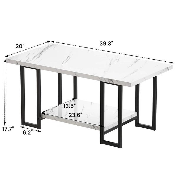 2 -Tier Rectangle Coffee Table， Black Base and Faux Marble Table top for Living Room， Double Metal Leg Design