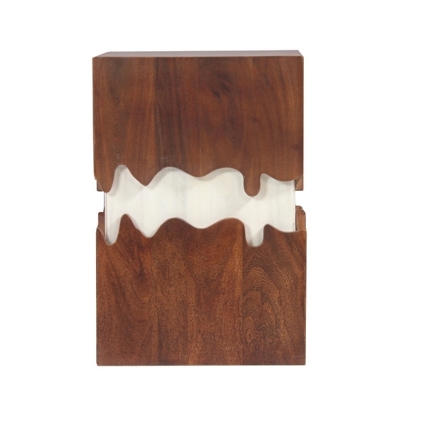 21 Inch Modern 2 T1 Acacia Wood Side End Table， Block Pedestal， Abstract Design， Walnut， White， Den， Bedroom， or Living Room