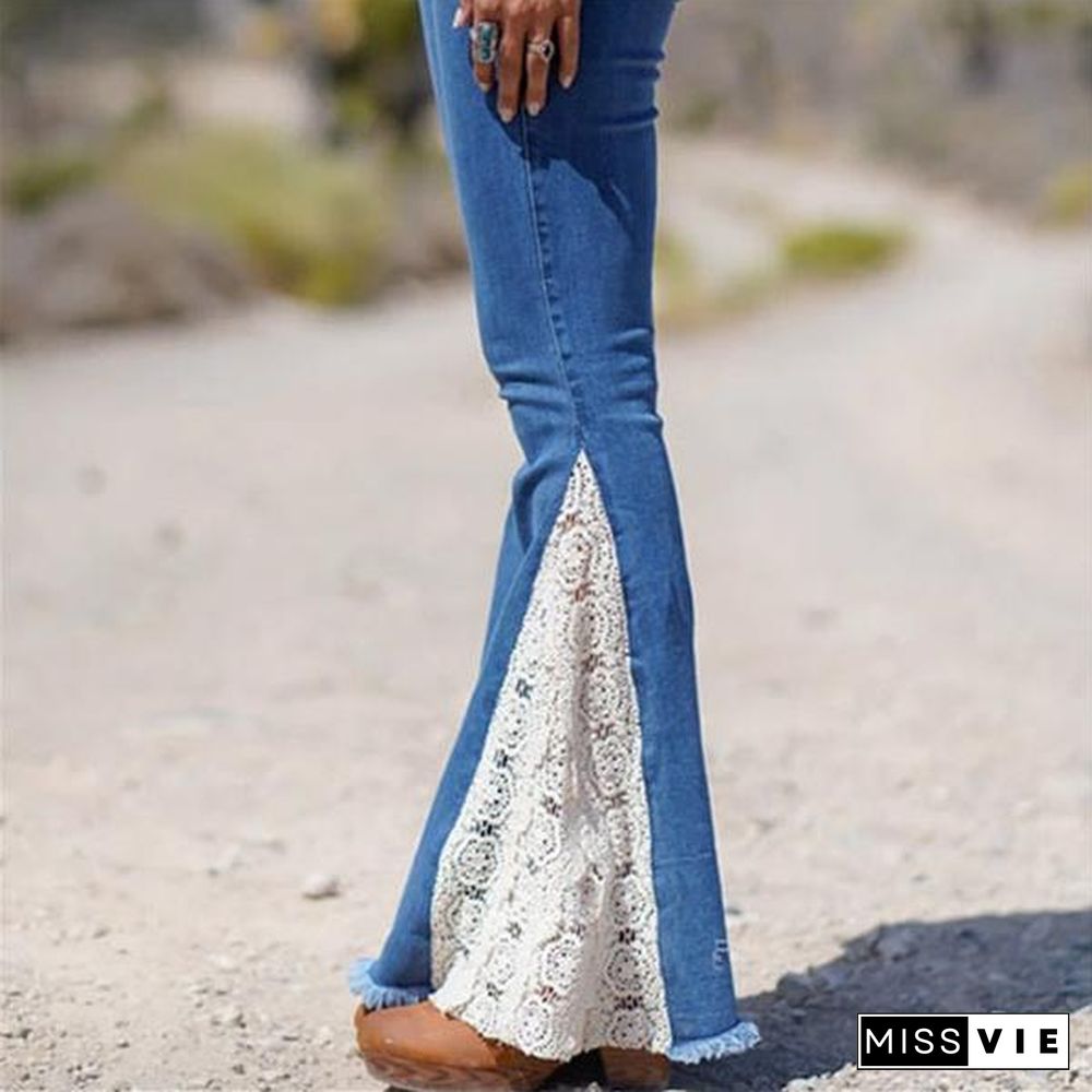 Women Lace Joint Denim Bell-Bottomed Pants