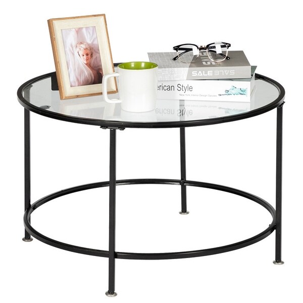 2 Layers Tempered Glass Countertops Round Iron Coffee Table Black