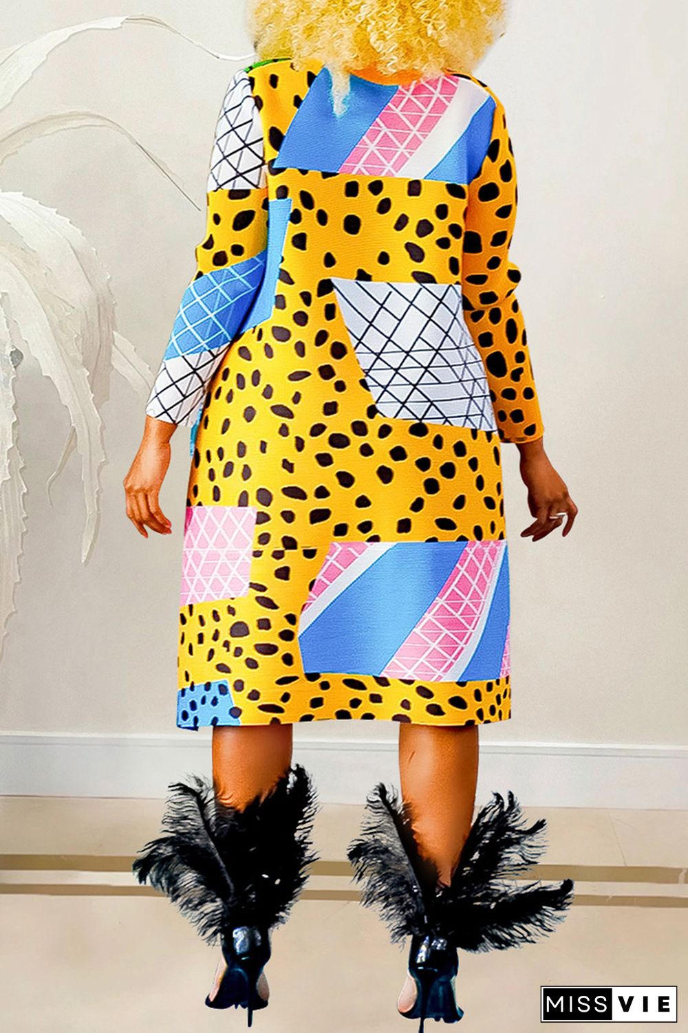 Yellow Casual Print Patchwork Mandarin Collar Long Sleeve Dresses