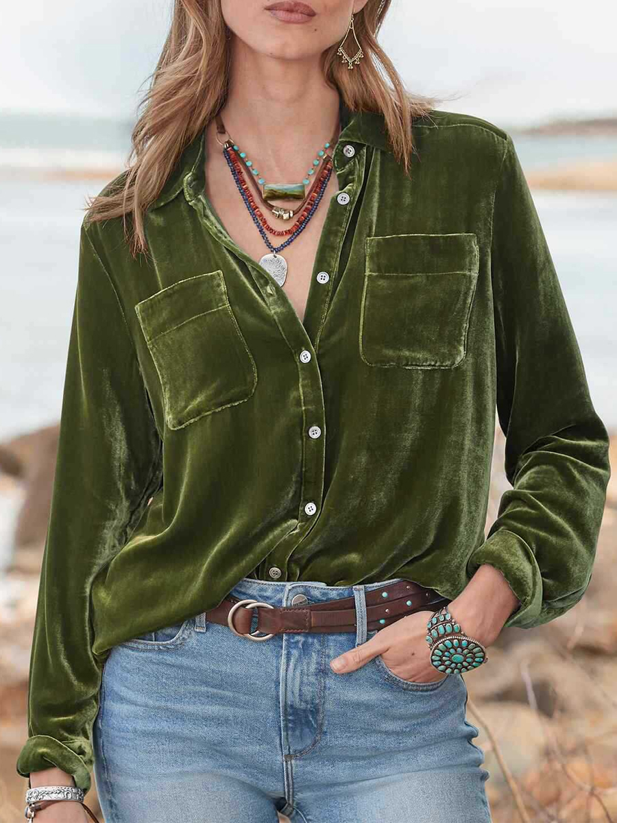 Casual Fashion Lapel Long Sleeve Velvet Shirt