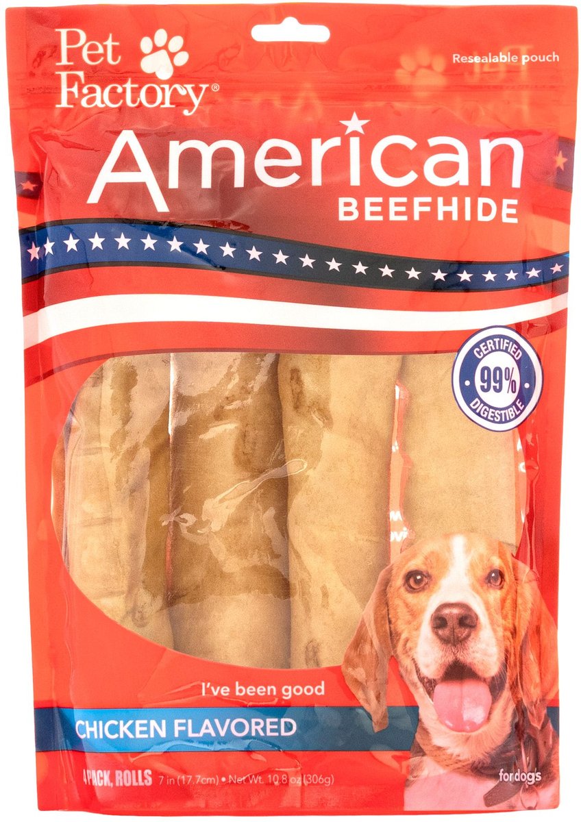 Pet Factory American Beefhide 7-inch Rolls Chicken Flavored Chewy Dog Treats， 4 count