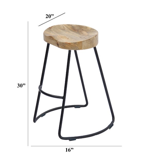 Ela 30 Inch Mango Wood Industrial Barstool， Saddle Seat， Iron Frame， Set of 2， Brown， Black