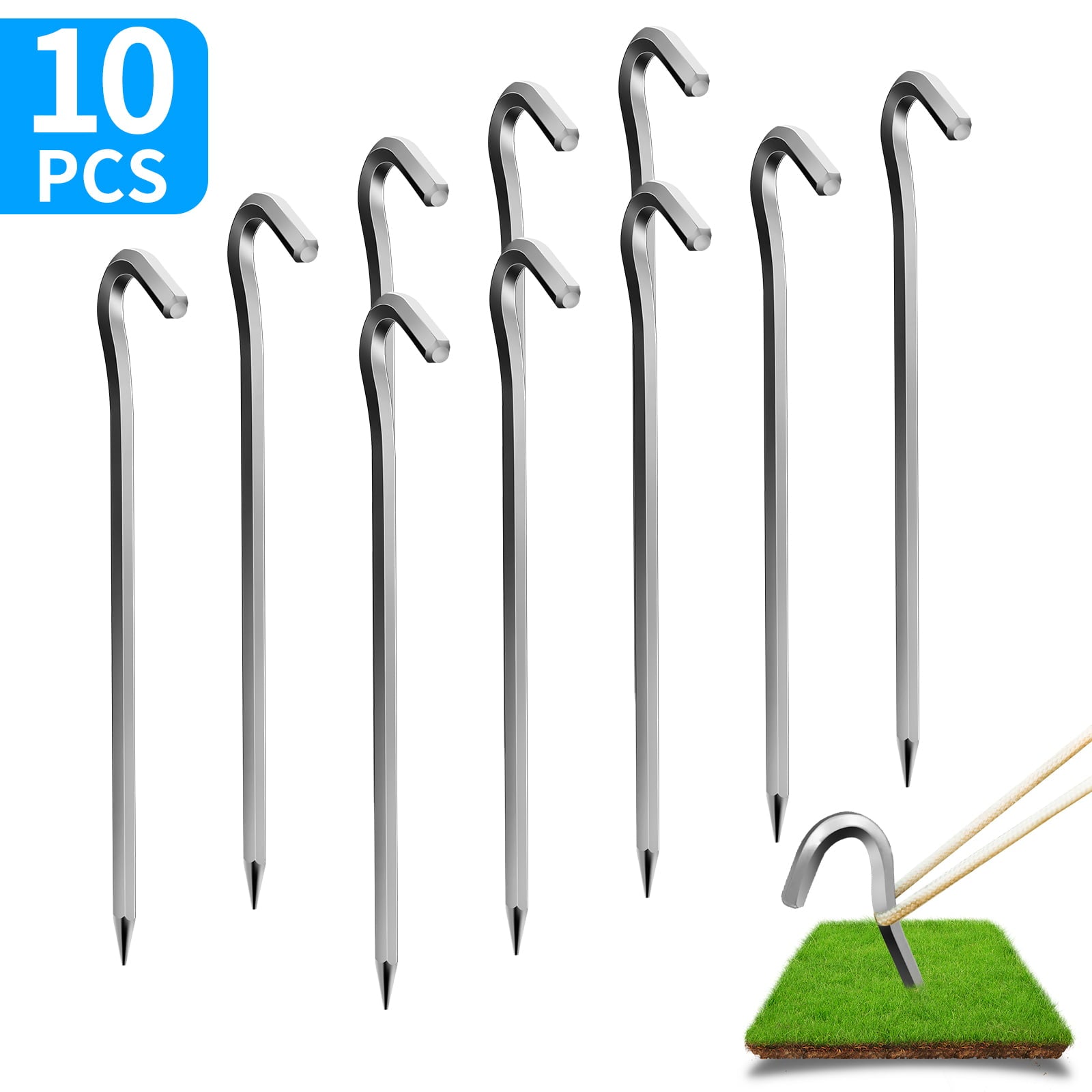 FLONOZZ Tent Pegs, 10 Pcs Six-Sided Sliver Metal Tent Hooks for Camping,Hiking