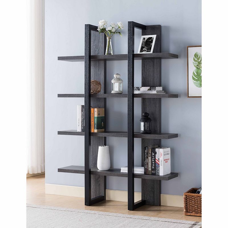 FC Design  Distressed Grey Bookcase with 4 Shelves and 2 Rectangle Design Base