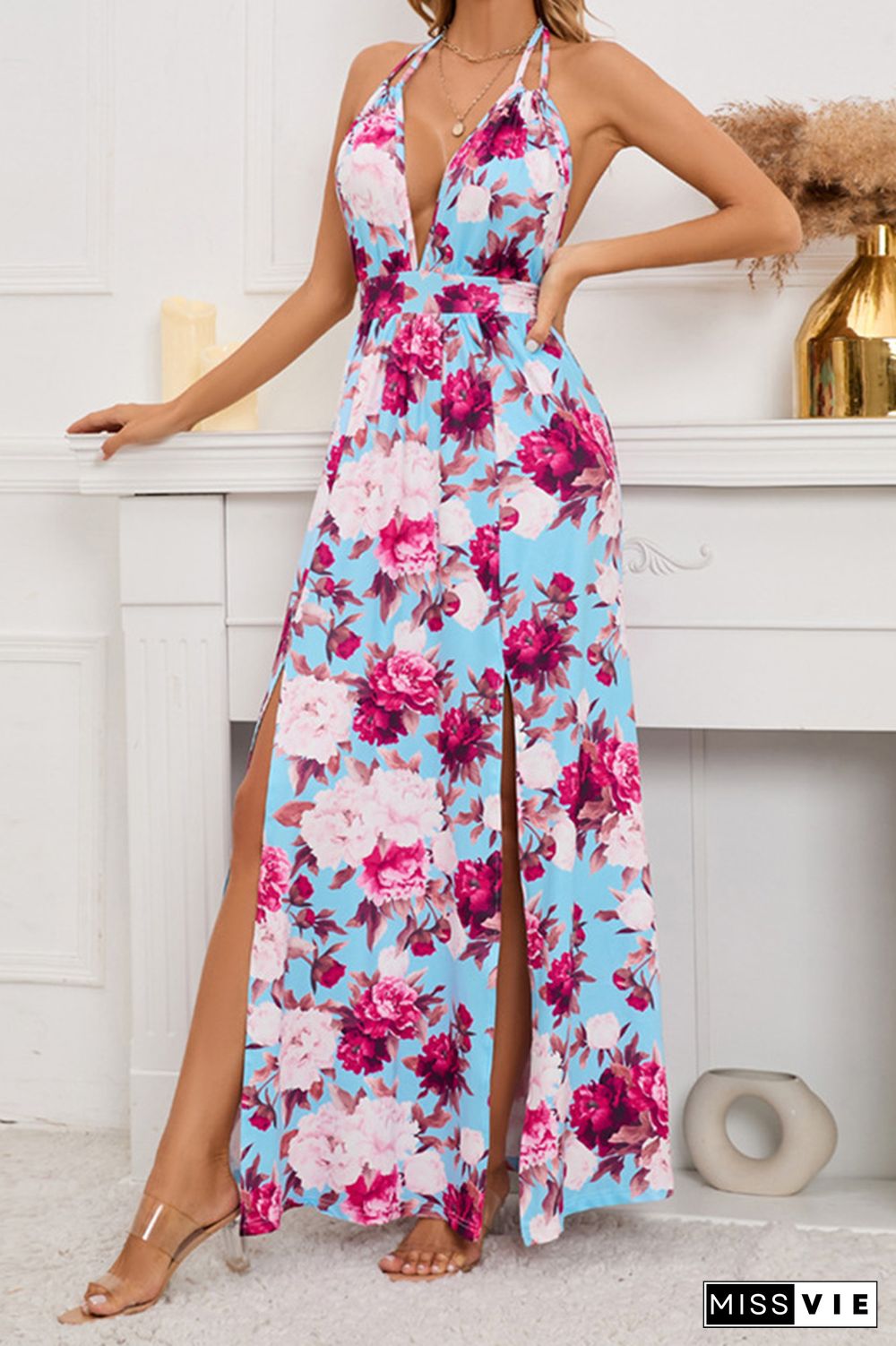 V Neck Halter Backless High Split Floral Maxi Dress