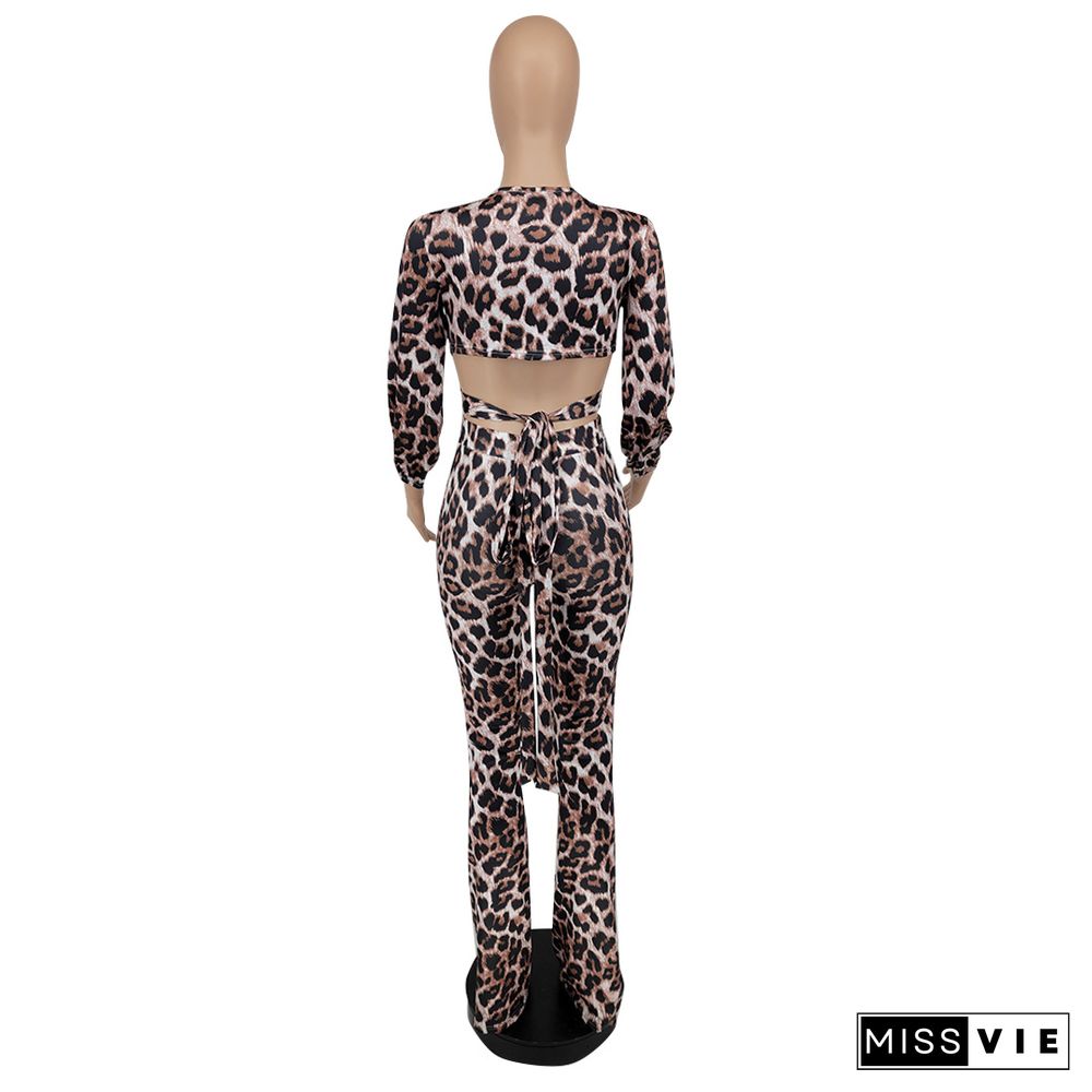 Sexy Leopard Print Long Sleeve V Neck Bandage Crop Top Long Pant Women Streetwear Two Piece Set