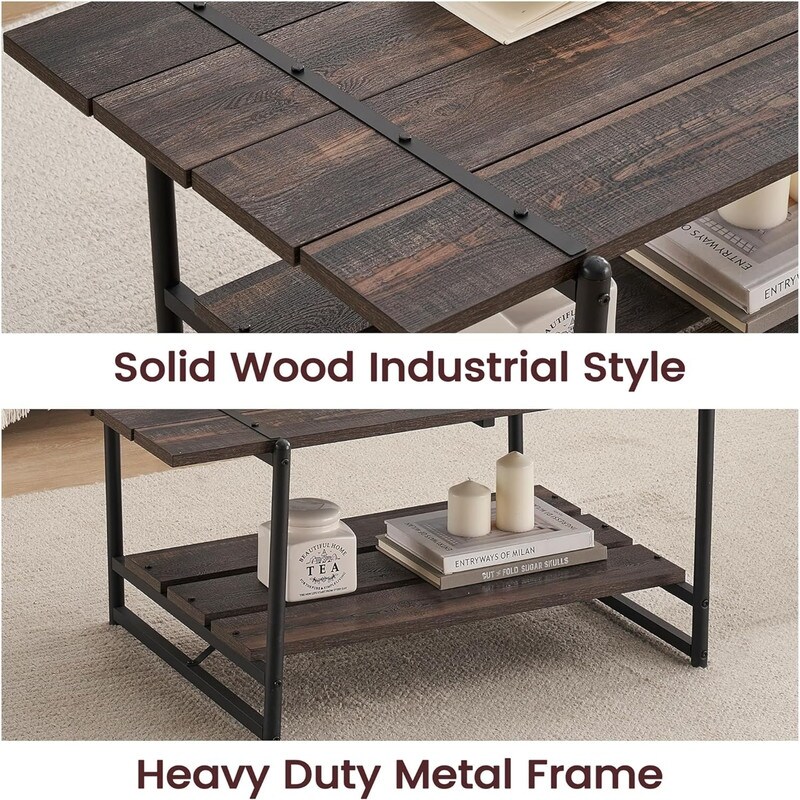 2 Tier Modern Industrial 41'' Large Wooden Coffee Table with Storage Shelf