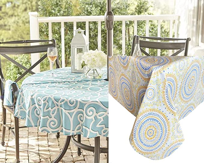 Newbridge Coral Circle Stitch Boho Chic Vinyl Tablecloth With Flannel Backing, Blue and Coral Bohemian Print Indoor Outdoor Vinyl Tablecloth, 70 Inch Zippered Umbrella Round