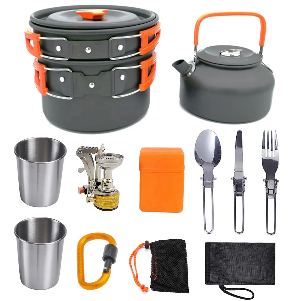 China New  10 pieces outdoor supplies set pot teapot combination portable camping cooker barbecue stove field equipment