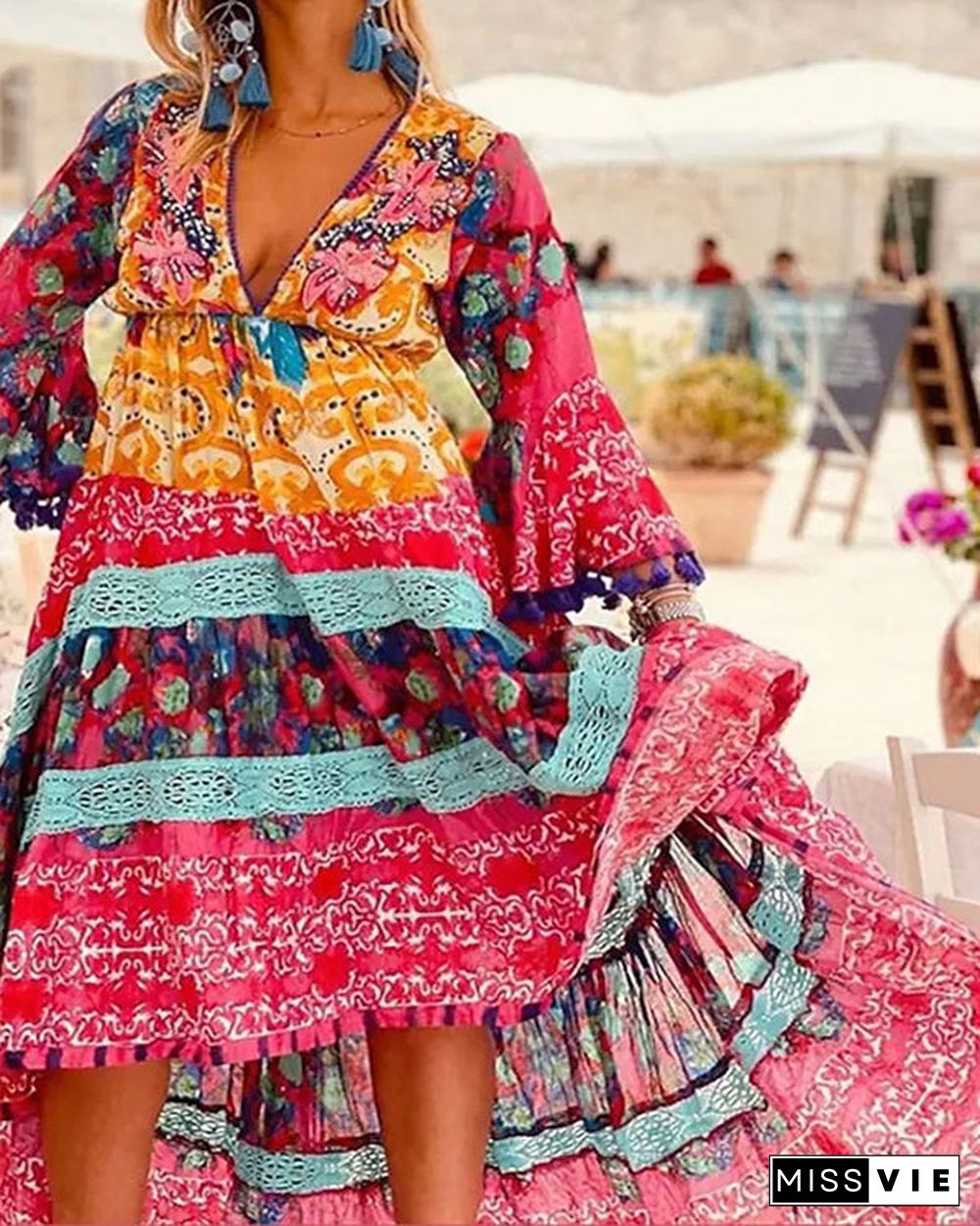 Casual Vintage Boho V-Neck Print Dress