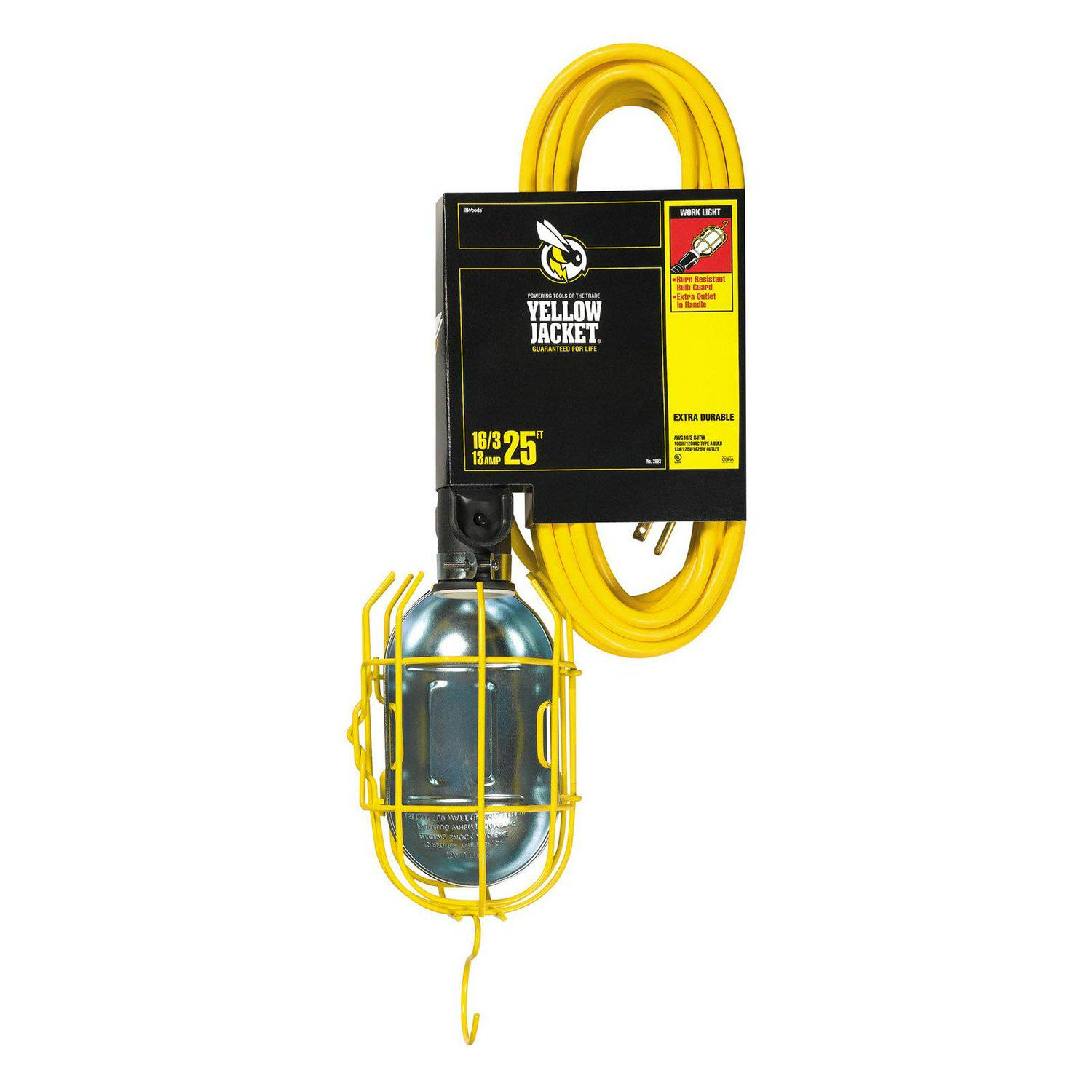 Yellow Jacket 2948 16/3 50and#8242; Sjtw Trouble Light Work Light with Metal Guard and Outlet