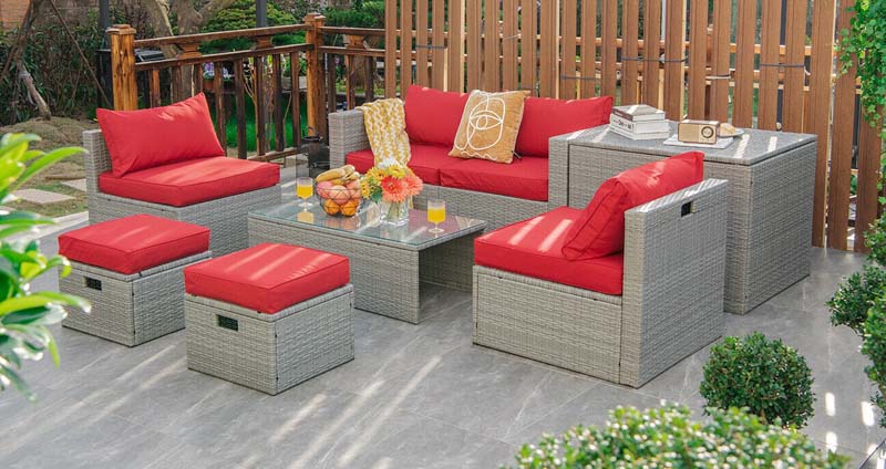 8 Pcs Rattan Patio Sectional Furniture Set Wicker Outdoor Cushioned Sofa Set with Storage Box & Waterproof Cover