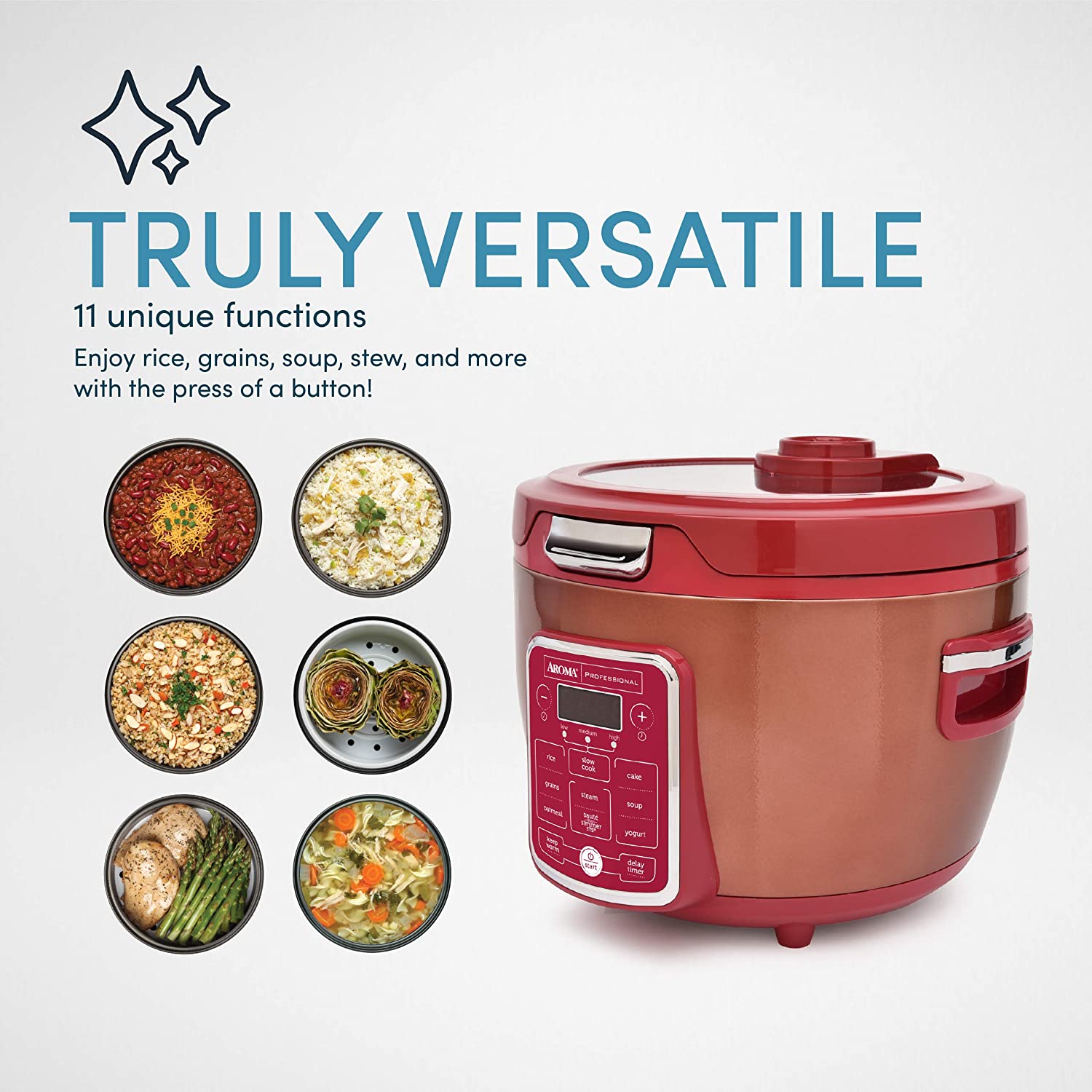 AROMA 20-Cup Red Rice Cooker with Glass Lid