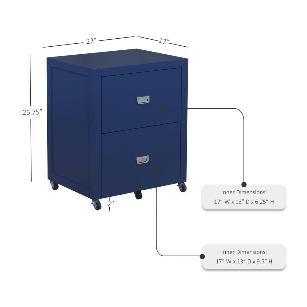 Linon Home Decor Sara Navy Blue File Cabinet with Metal Drawer Glides and Silver Handles THD02963