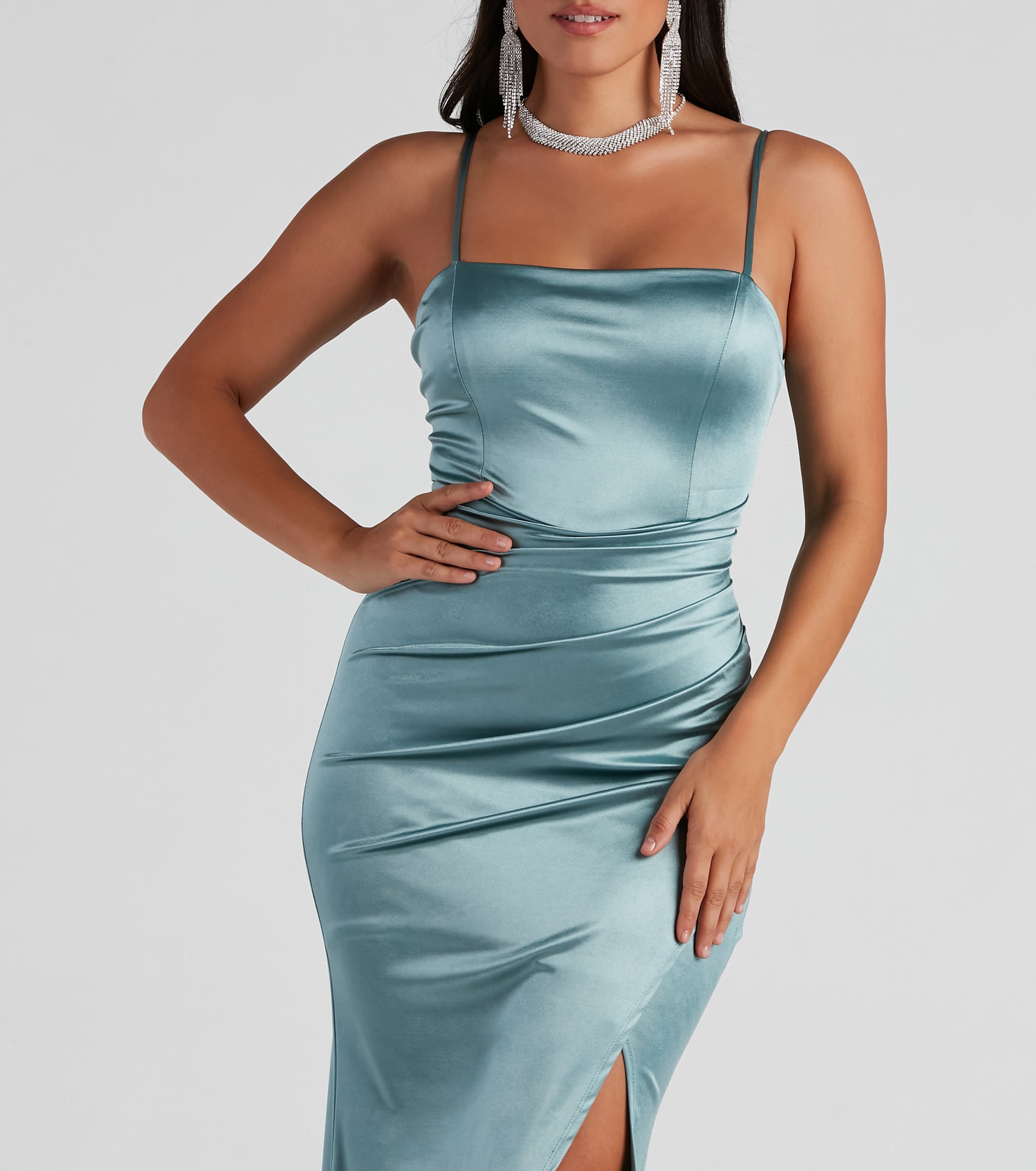 Evie Formal Ruched Satin Sleeveless Dress