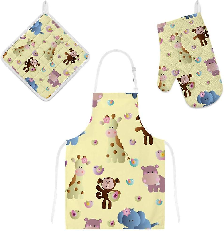 Insulation Kitchen Oven Mitts Potholder Apron 3pcs Set Cute Animals Non Slip Heat Resistant Gloves For Baking Cooking Bbq