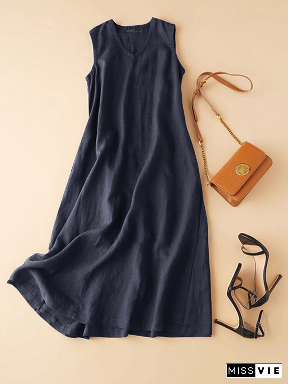 Cotton Solid Sleeveless V Neck Casual Maxi Dress