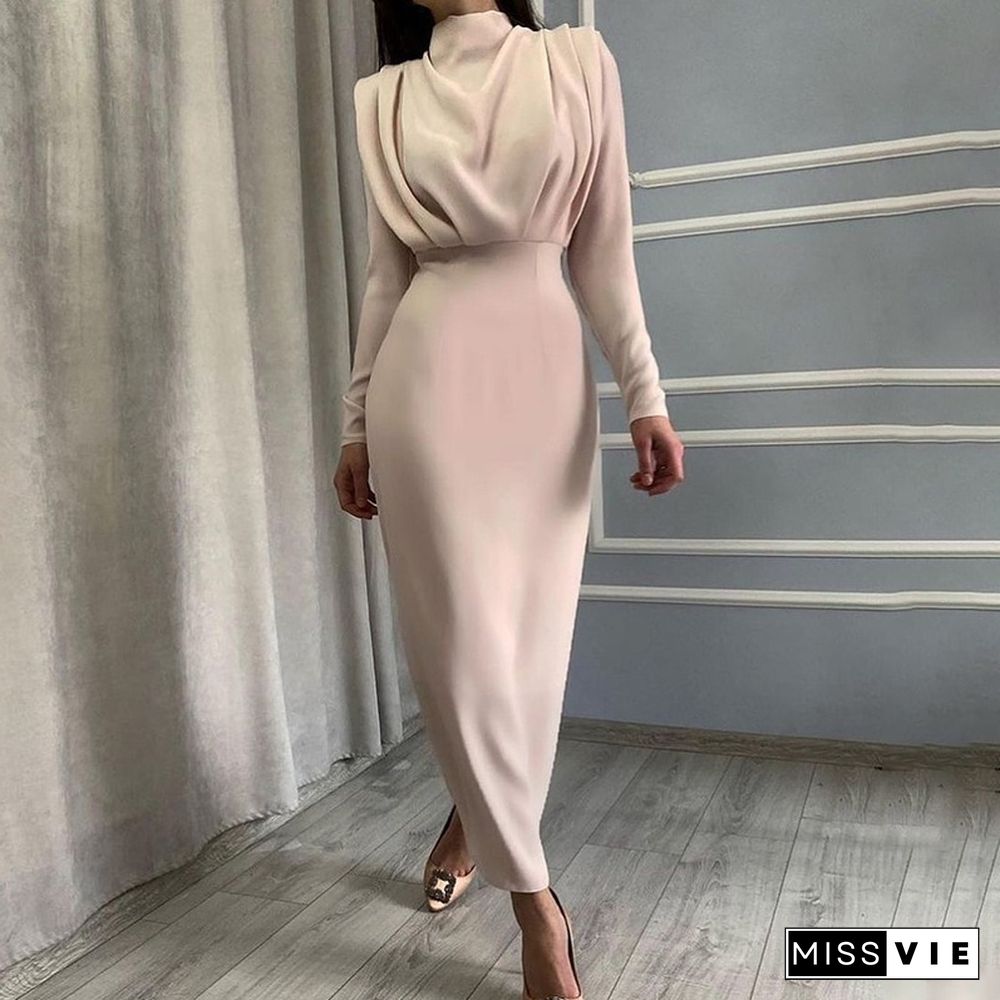 New Fashion Solid Party Dress Women Elegant Stand Collar Pleated Slim Long Dresses Lady Autumn Spring Casual Commute Dress