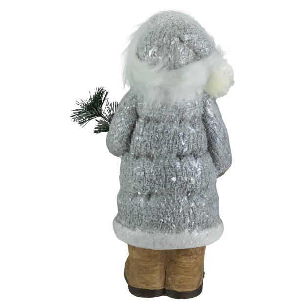 Ceramic Santa In Gray Coat Holding Pine Sprig Christmas Figure