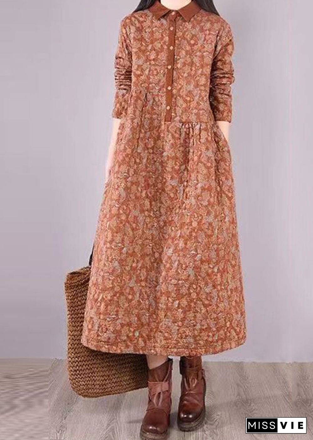 Natural Orange Print Patchwork Fine Cotton Filled Dresses Winter