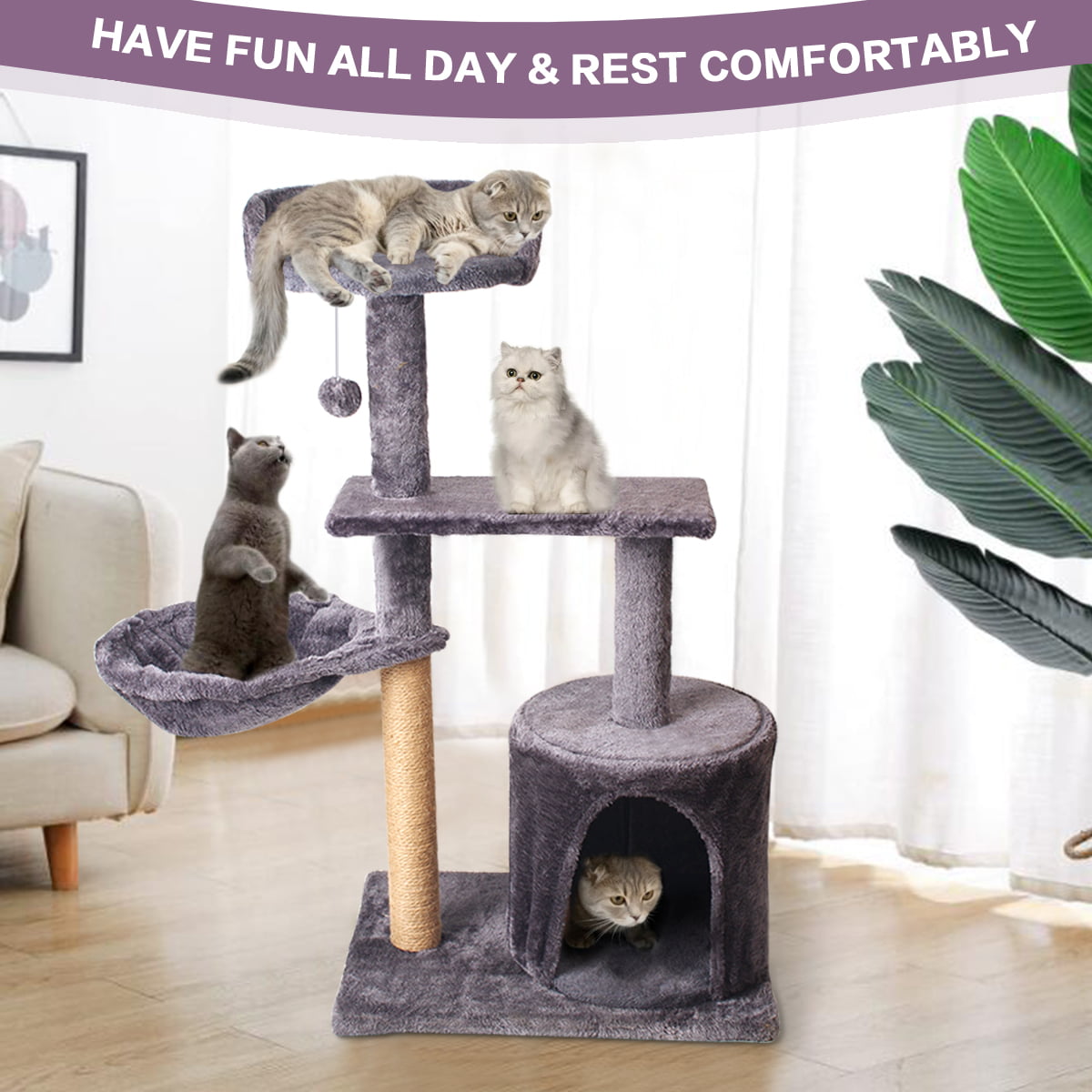 Vesteel Cat Tree, 34.6" Cat Tower Condo with Cozy Basket and Sisal Scratching Post for Indoor Cats Kitten, Gray