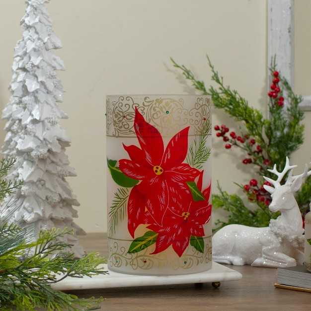 Hand painted Red Poinsettias And Gold Flameless Glass Christmas Candle Holder