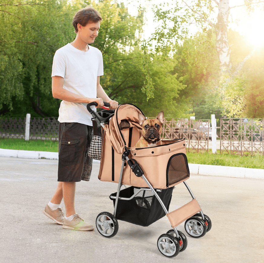 Foldable Pet Stroller 4-Wheel Cat Dog Travel Carrier w/ Storage Basket