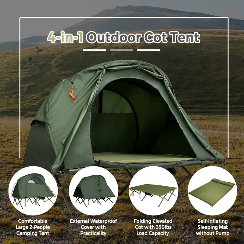 2-Person 4-in-1 Camping Cot Tent Off-Ground Elevated Folding Tent with Cover, Mattress & Roller Carrying Bag