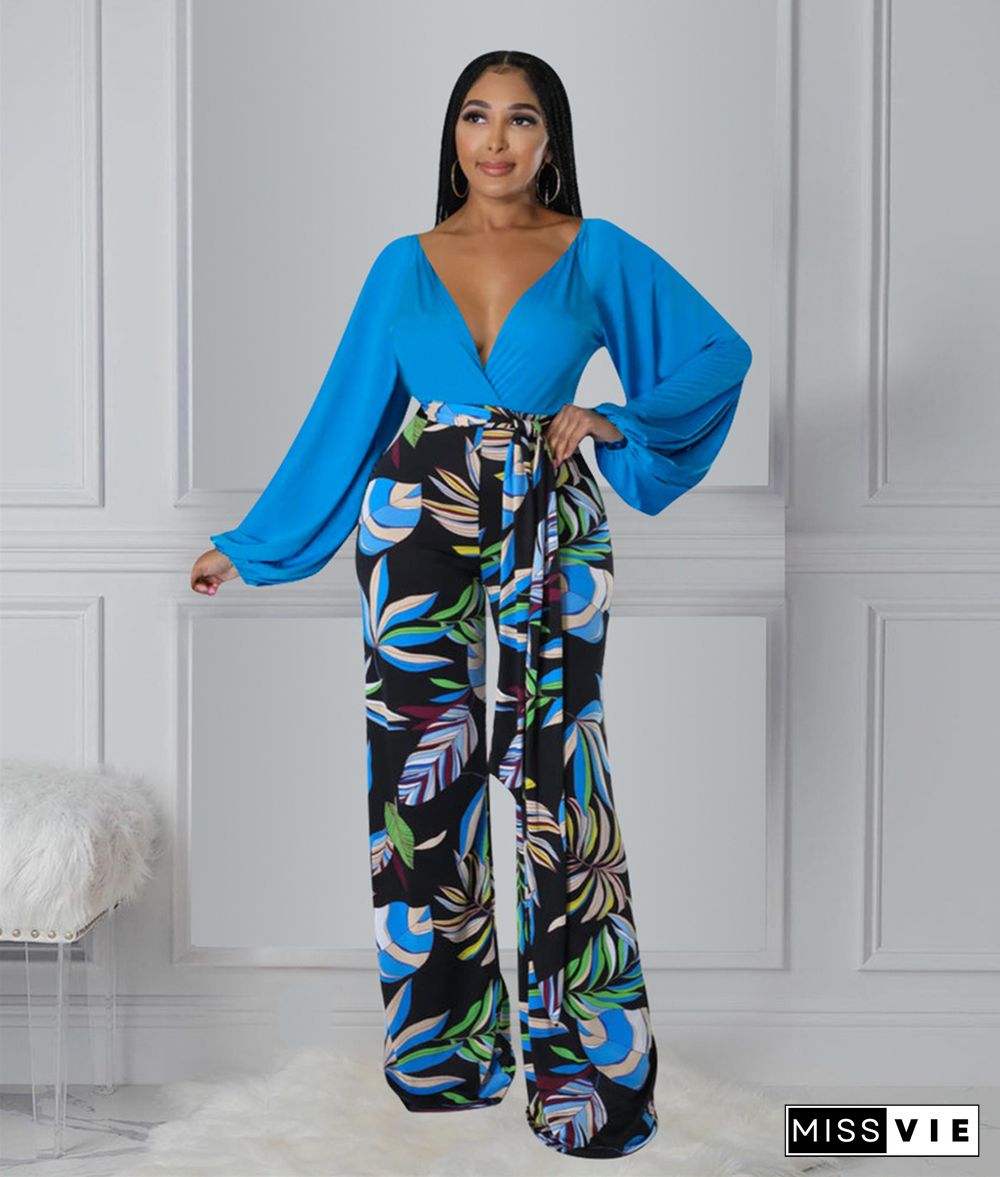 Deep V Long Sleeve Shirt Wide Leg Pants Two Piece Set