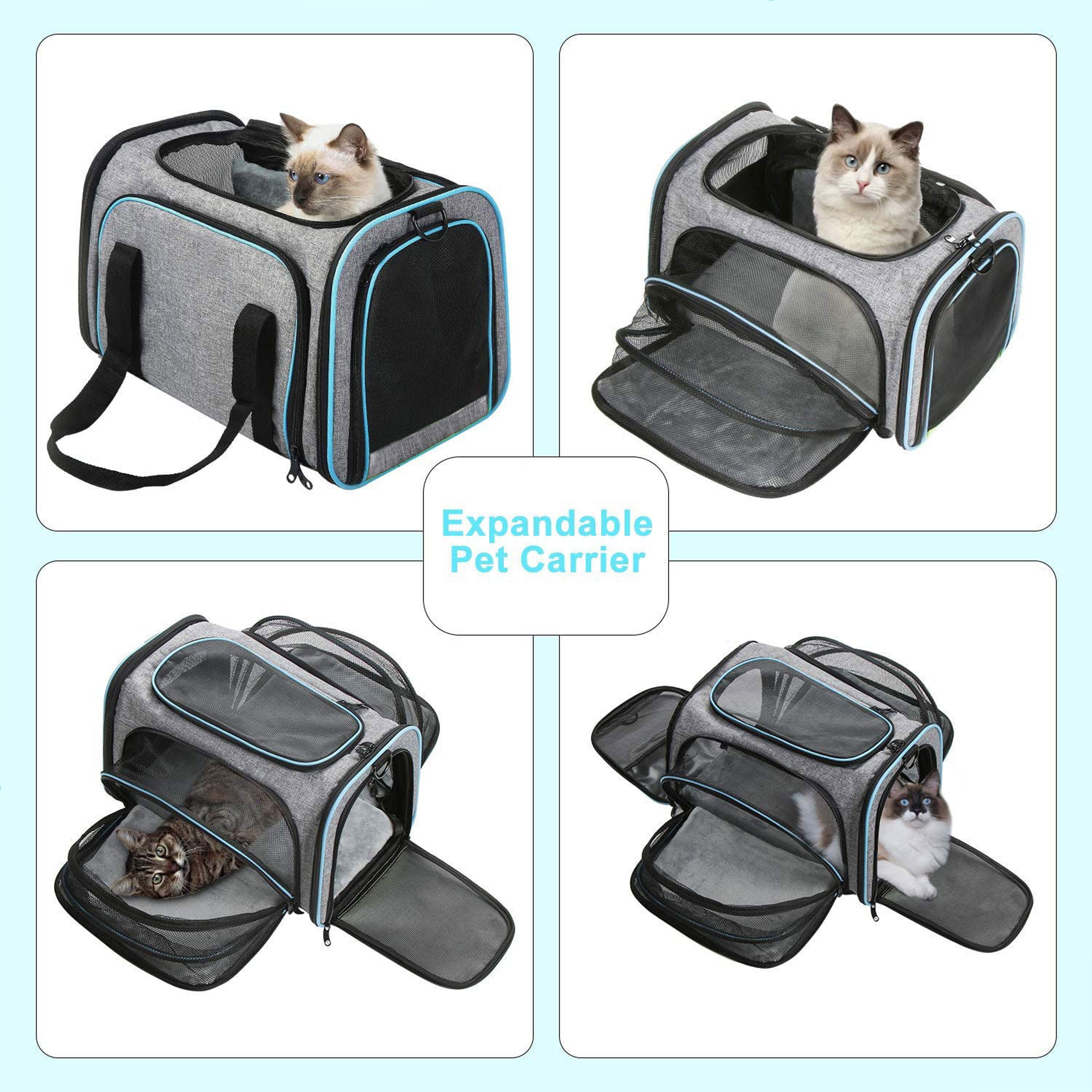 Pet Carrier Airline Approved， Large Soft Sided Pet Travel TSA Carrier 4 Sides Expandable Cat Collapsible Carrier with Removable Fleece Pad and Pockets for Cats Dogs and Small Animals