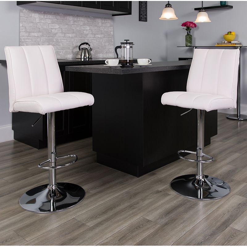 Emma and Oliver 2 Pk. Contemporary Vinyl Adjustable Height Barstool with Vertical Stitch Panel Back and Chrome Base