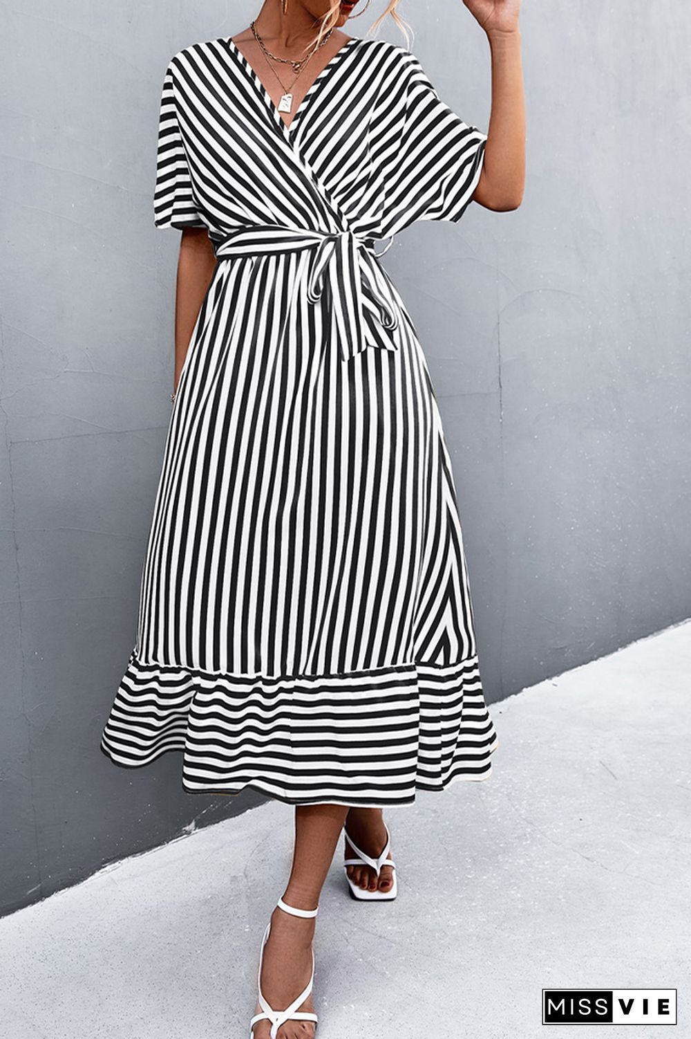 Stripe Print V-neck Short Sleeve Tie Waist Long Dress Wholesale