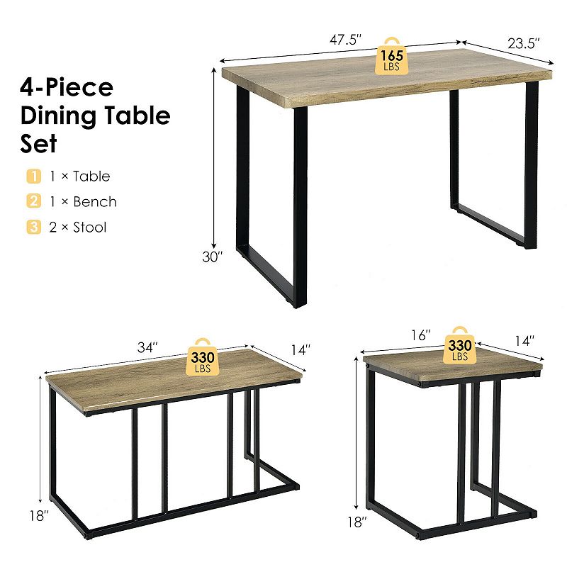 4 Pieces Industrial Dinette Set with Bench and 2 Stools-Oak