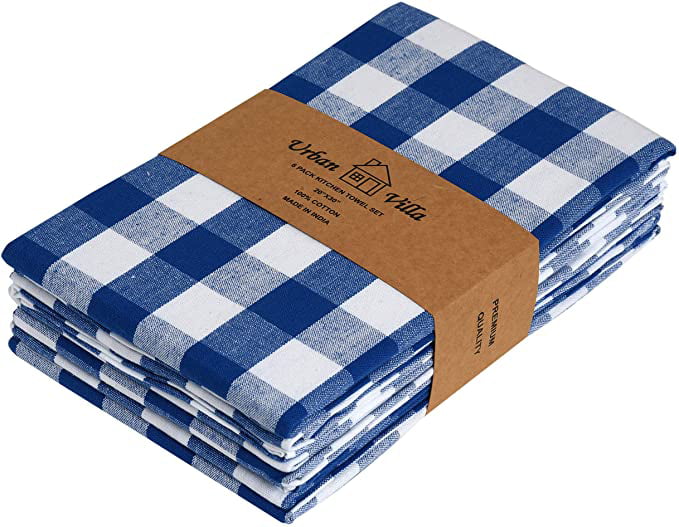 Urban Villa Kitchen Towels Set of 6 Buffalo Checks Blue/White Kitchen Towels 20X30 Inches 100% Cotton Highly Absorbent Kitchen Towels Ultra Soft Mitered Corners Kitchen Towels