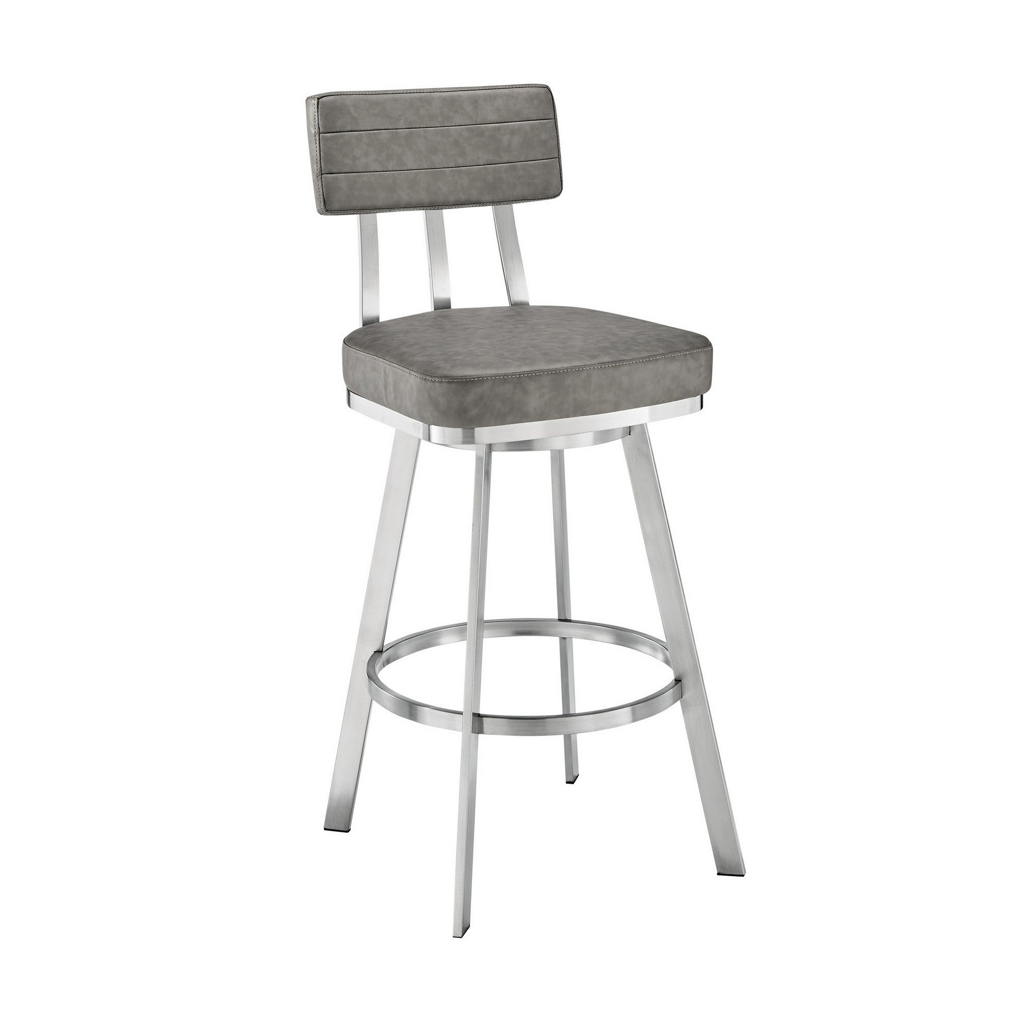 Col 26 Inch Swivel Counter Stool， Gray Faux Leather， Stainless Steel Frame